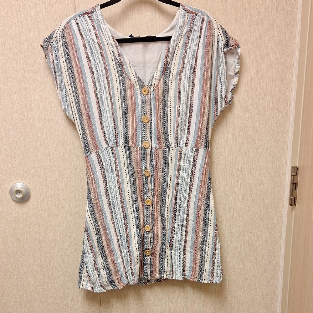 Blue Rain Striped Button-Down Tunic in Cream, Blue, Brown